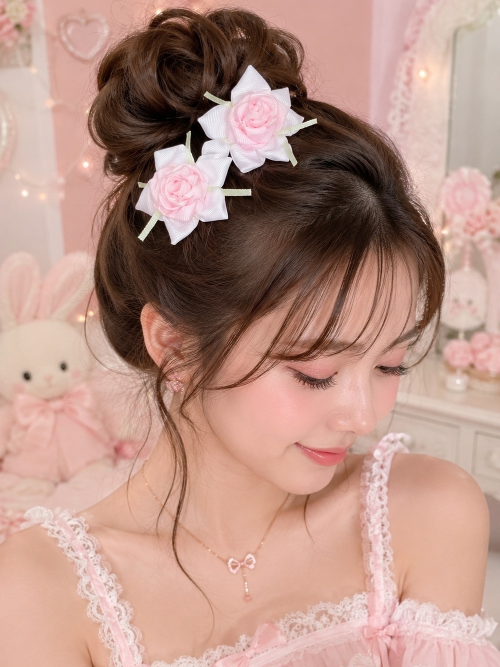 Pink Rose Hair Clips Set of 2 Kawaii Coquette Cottagecore Hair Bows